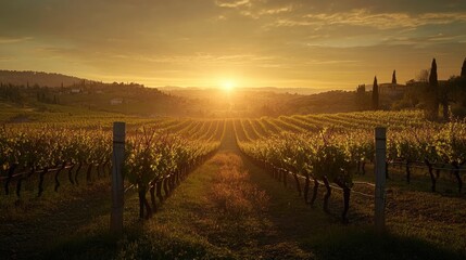 Obraz premium Serene Sunset Over Vineyard Landscape with Rows of Grapevines