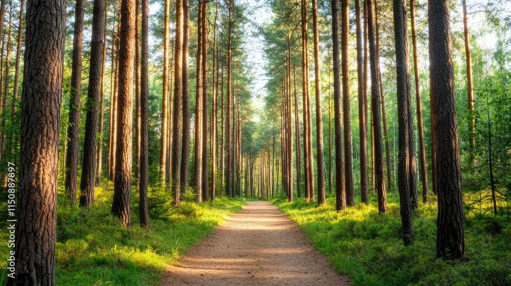 Poster serene nature concept. a serene forest path lined with tall trees, illuminated by sunlight filtering