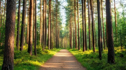 Serene nature concept. A serene forest path lined with tall trees, illuminated by sunlight filtering through leaves.