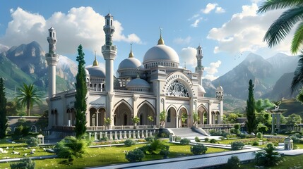 luxurious and magnificent mosque building, with a large and beautiful garden, with beautiful mountain views
