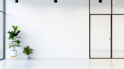Modern Minimalist Office Space with Plants and Large Windows Offering Natural Light and Clean Aesthetic for Contemporary Interior Design Inspiration
