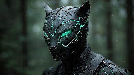 Futuristic panther-like robot head in a dark forest.
