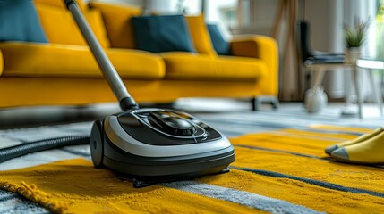 Fototapeta premium Modern vacuum cleaner on a yellow striped rug in a living room