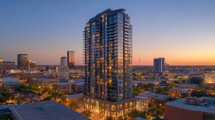 Modern high-rise building at sunset, cityscape view.