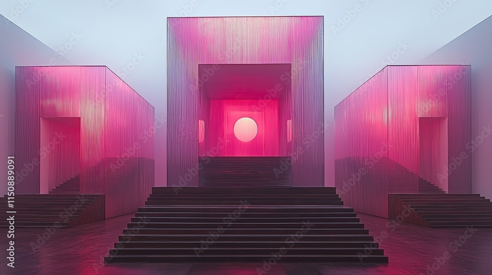 Poster abstract architectural space with pink lighting and a central circular feature.