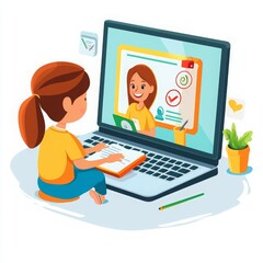 Cheerful Child Learning Online with Friendly Teacher