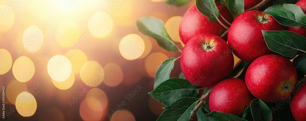 Poster apples orchard concept. fresh red apples on a tree with a bokeh background of golden light.
