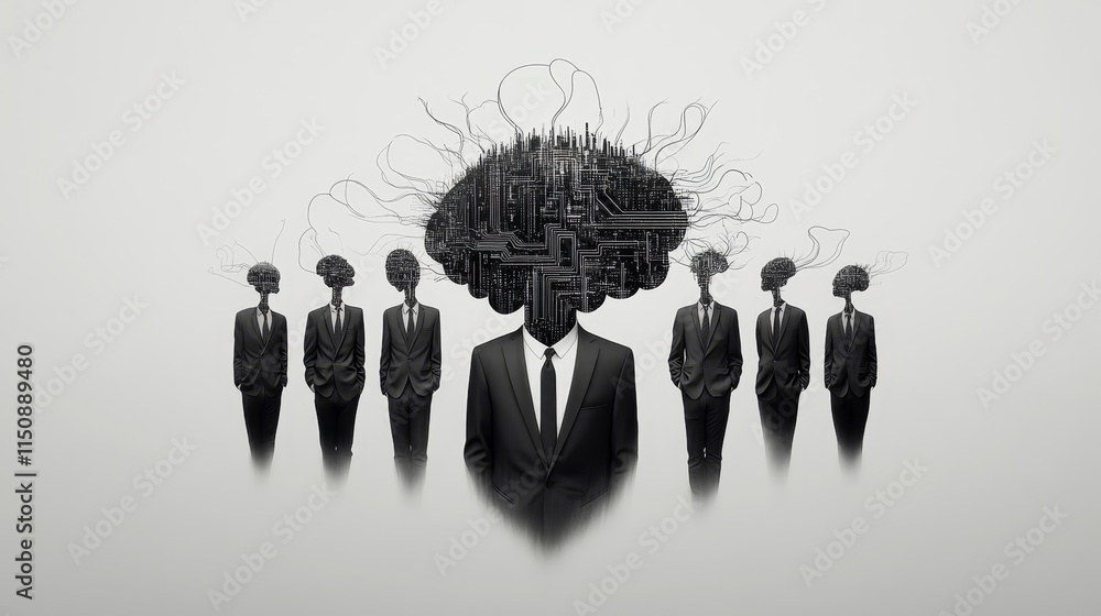 Poster surreal portrait of individuals in suits with abstract cloud-like heads representing technology and 