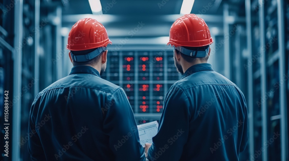 Aufkleber engineers in hard hats monitoring data center equipment with red led indicators in high-tech server 