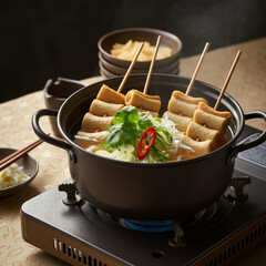 Korean Fish Cake Soup with Skewers in Hot Broth