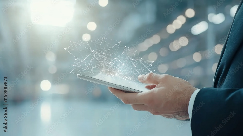 Aufkleber innovative technology concept: businessman using digital tablet with abstract network connections an