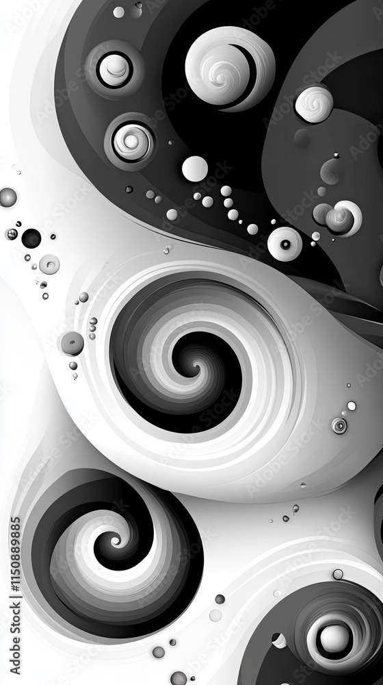 Poster abstract grayscale swirls and spheres form a dynamic composition