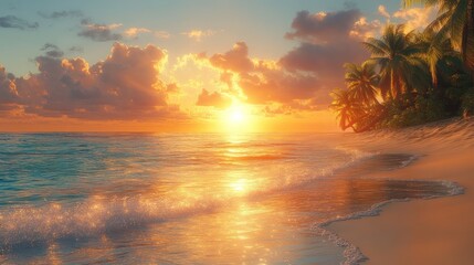 Golden sunset, palm trees, ocean waves, sandy beach.