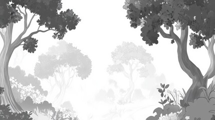 Obraz premium Serene Black and White Forest Landscape Illustration with Lush Trees and Gentle Foliage in a Peaceful and Tranquil Environment Ideal for Creative Projects and Designs
