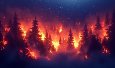 Intense wildfire burning through a dense coniferous forest at night.