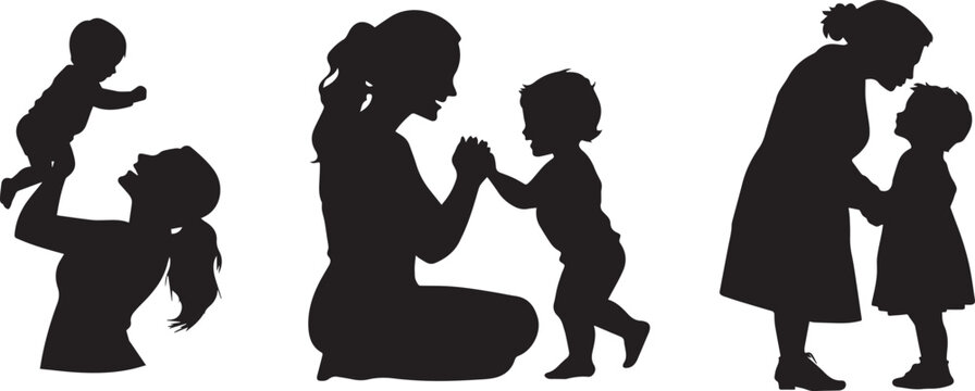 Silhouette of a mother kissing her child’s forehead,   mother kneeling and playing with her child, lifting her child into the air vector silhouette