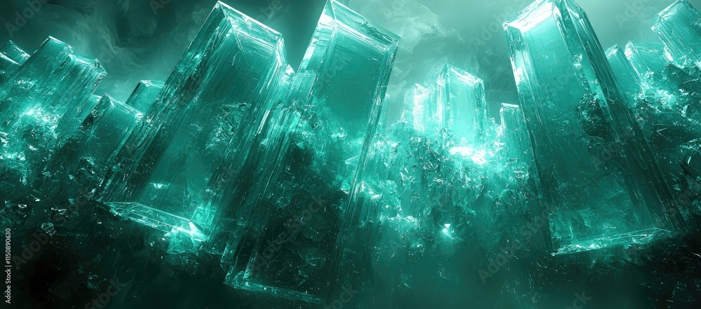 Poster abstract depiction of towering crystalline structures glowing in an ethereal environment.