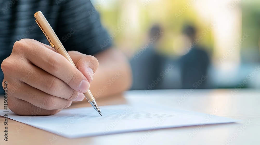 Poster close-up of a hand holding a pen writing on paper with blurred figures in the background representin