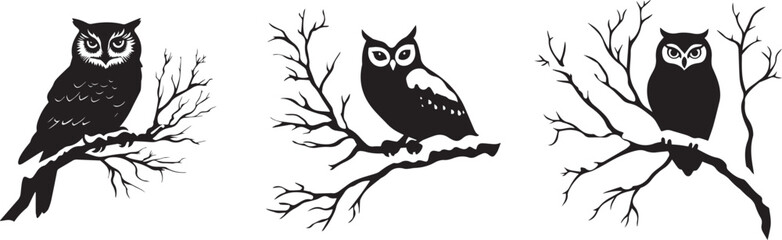 Silhouette of an owl perched on a snow-covered branch vector silhouette