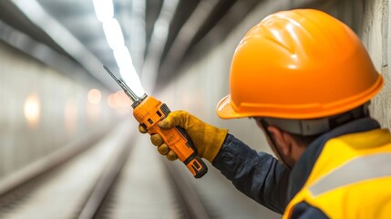 Construction Worker in Safety Gear Holding a Tool Near Underground Railway Tracks in a Dimly Lit Tunnel Setting