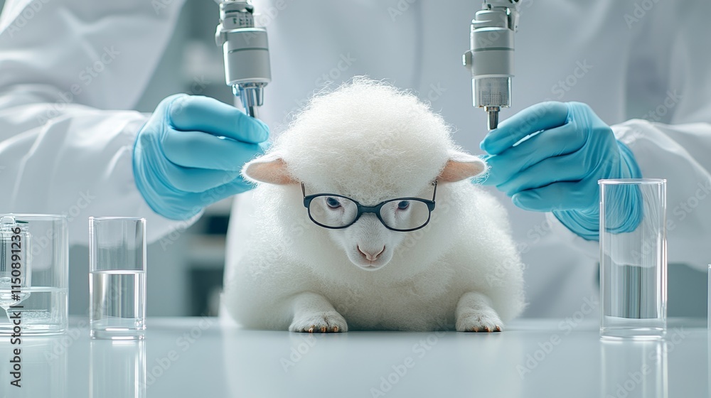 Poster research laboratory scene with sheep wearing glasses and scientist conducting experiment with labora