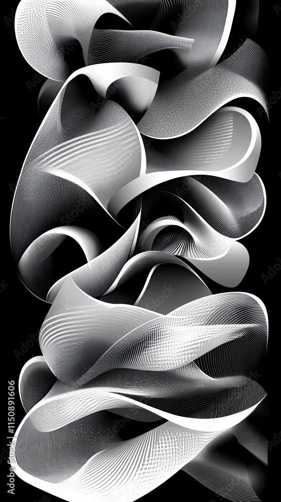 Poster abstract grayscale waves flowing in rhythmic patterns