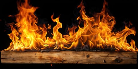 Fototapeta premium Flames engulfing a dark wooden beam on a black background, burning wood, fire on wood, burning wood