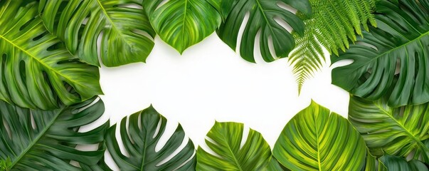 Greenery palms idea. Vibrant green leaves framing a blank white space for creative design and nature themes.