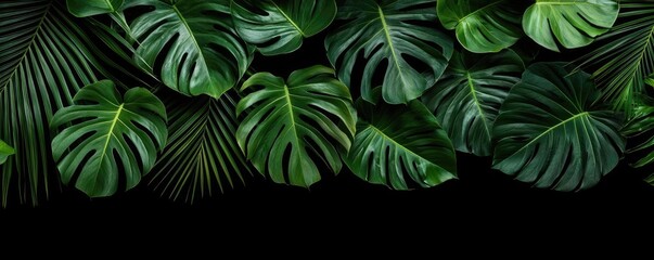 Greenery palms idea. A vibrant arrangement of lush green tropical leaves set against a black backdrop.