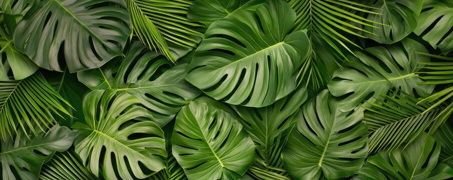 Fototapeta Greenery palms idea. A lush arrangement of vibrant green tropical leaves, perfect for nature-themed designs.