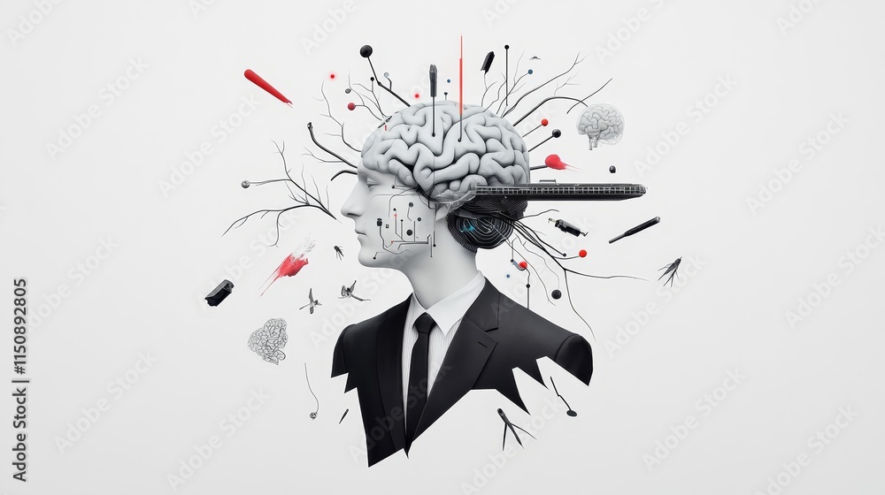 Poster abstract representation of human brain with technology and nature elements merging with a businessma