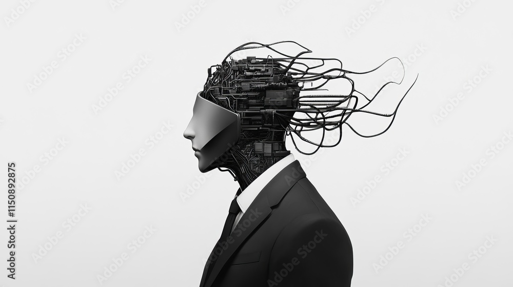 Poster futuristic concept of a business person merging with technology, featuring a mechanical head with wi