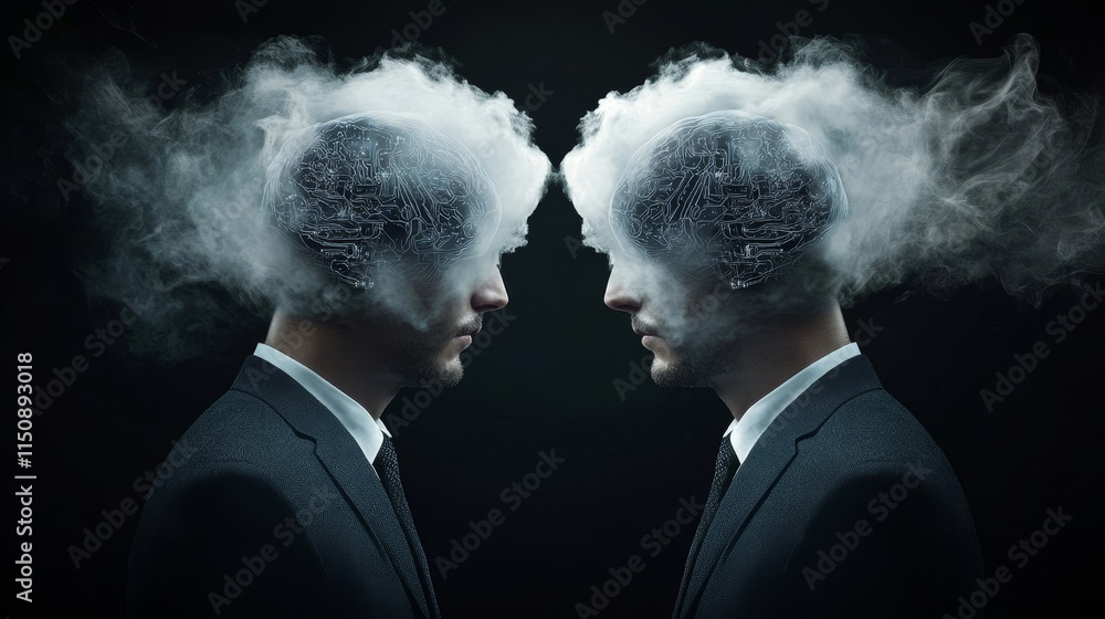 Poster conceptual illustration of two businessmen with smoke and circuitry representing the intersection of
