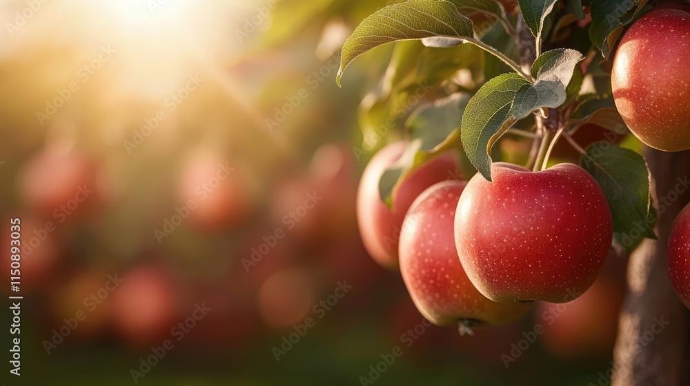 Poster apples orchard concept. close-up of fresh red apples hanging on a tree branch with sunlight in the b