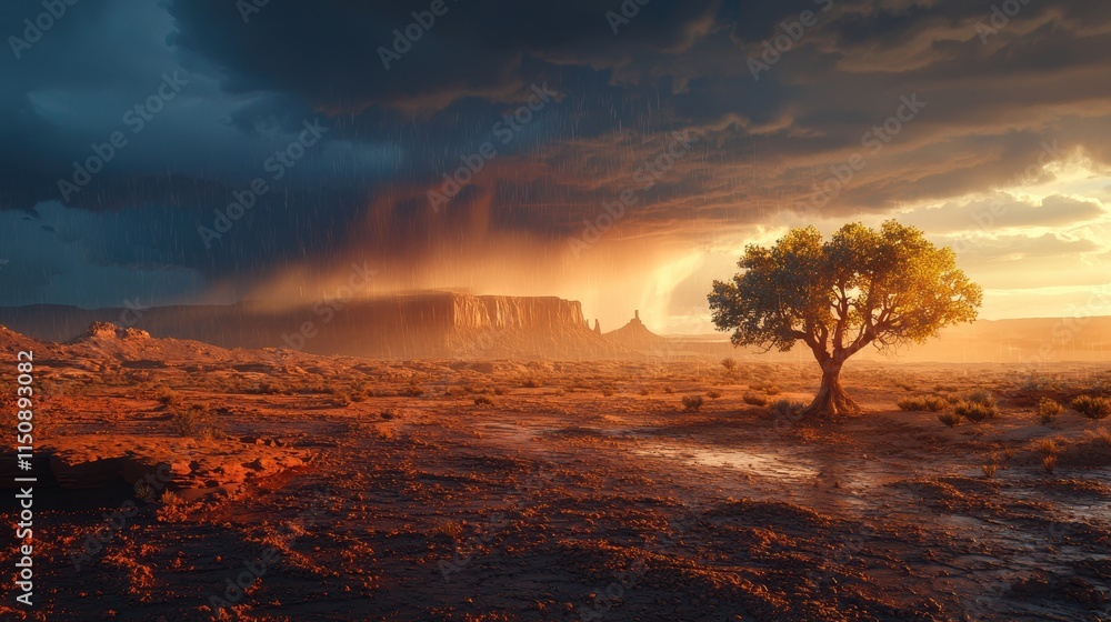 Poster a tree is in the middle of a desert with a storm in the background. generative ai