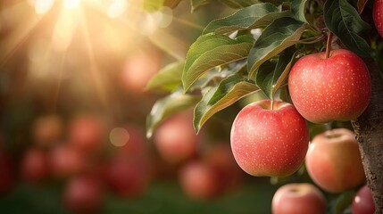 Obraz premium Apples orchard concept. A close-up view of red apples hanging on a tree, illuminated by warm sunlight.