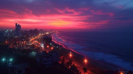 Vibrant sunset over coastal city skyline at night, aerial view.