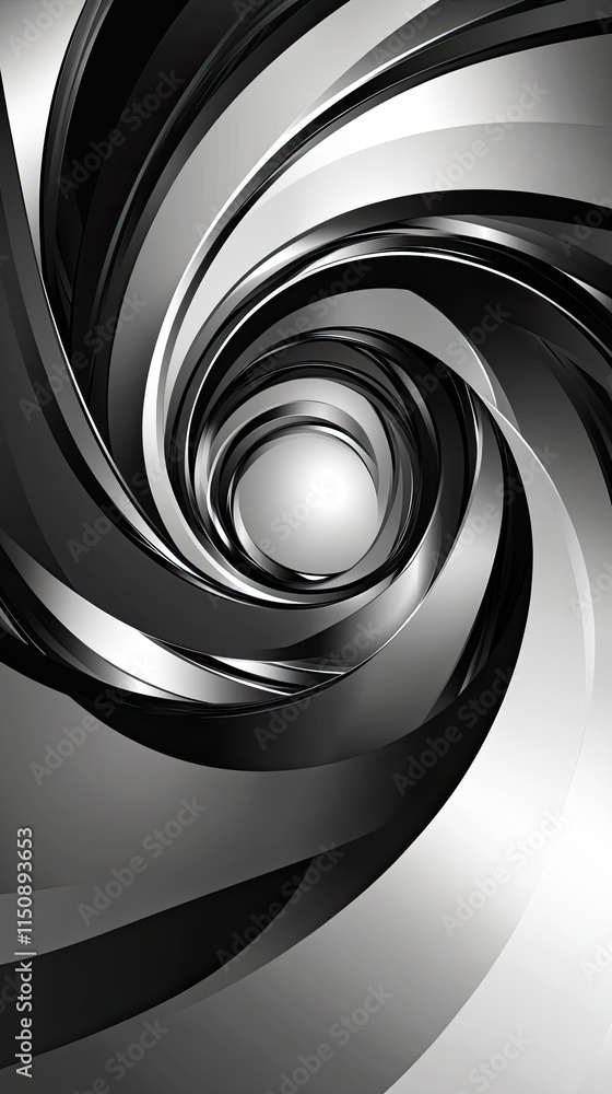 Poster abstract swirling grayscale metallic design with a central core
