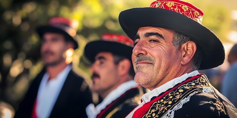Portuguese men in traditional clothing, gathered outdoors in a picturesque setting, representing their rich history.