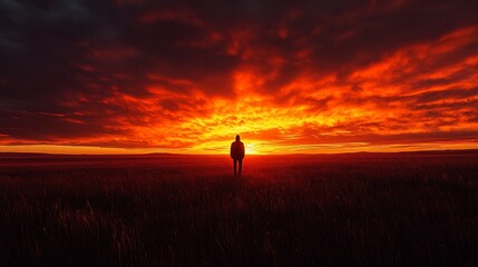 Fototapeta premium Lone figure silhouetted against fiery sunset.