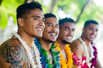 Group of Samoan men in traditional dress, standing proudly in a tropical landscape, showcasing cultural heritage.