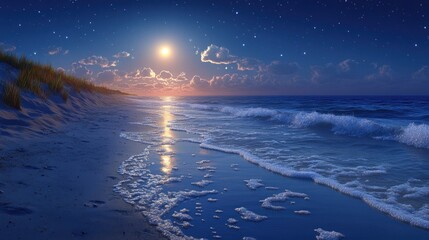 Serene moonlit beach, starry night, gentle waves.