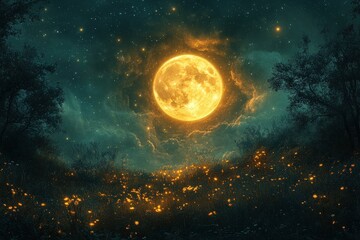 Obraz premium Enormous moon, starry night, glowing field, dark trees.
