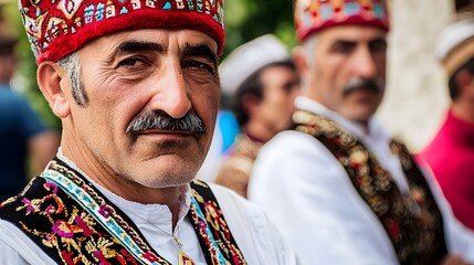 Men dressed in Turkish traditional clothing at a cultural festival in Turkey.