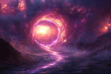 Fototapeta premium Cosmic portal, fiery nebula, alien landscape.