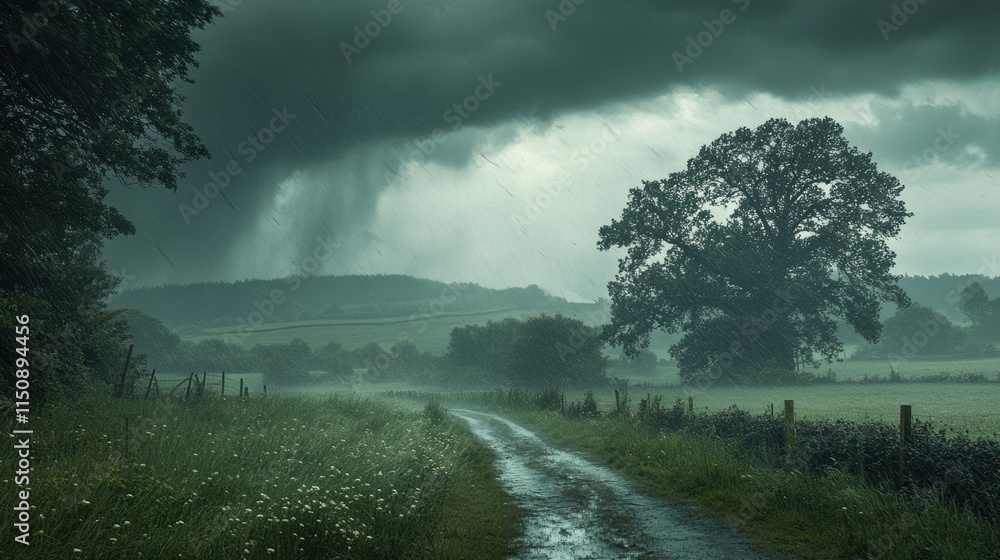 Poster a stormy day with a tree in the middle of a field. generative ai
