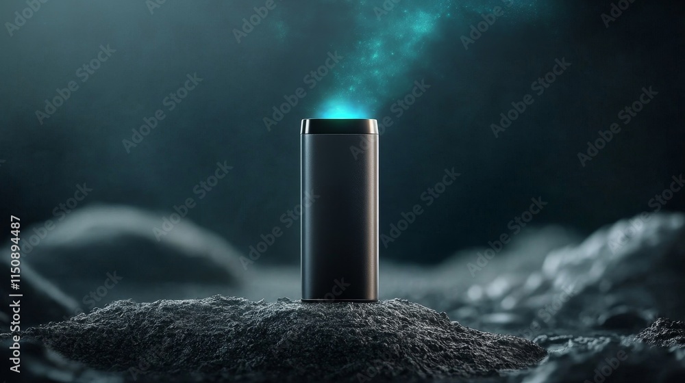 Poster mysterious cylinder with glowing aura emitting colorful smoke in an enigmatic landscape featuring su