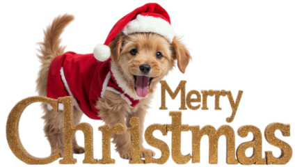 Fluffy tabby puppy dog in a cheerful red Santa Claus outfit on transparent background