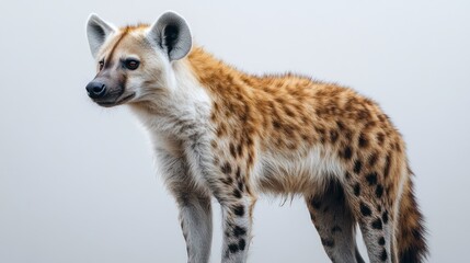 Obraz premium Spotted hyena standing on white background, profile view.