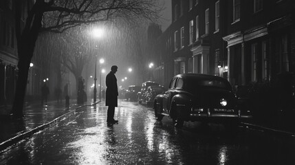 Man in coat standing on rainy city street at night.